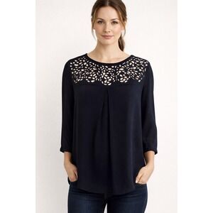 HD in Paris Anthropologie Black Laser Cut Floral Yoke Blouse Top US 4